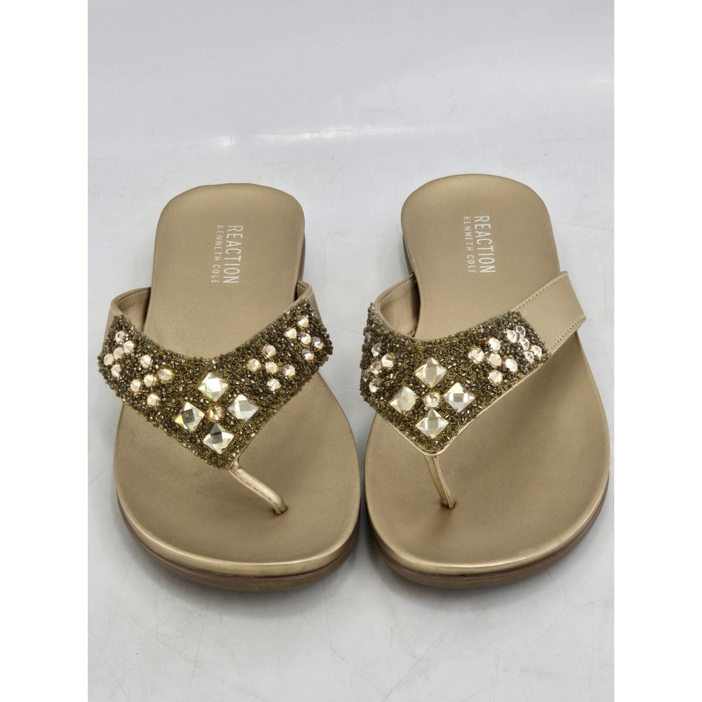 Kenneth Cole Reaction Glam-Athon Flip Flop Sandals Womens 10 Gold Beaded -‎ VG